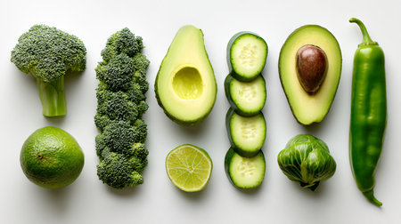 Fresh Avocado Lime Broccoli Green Pepper Cucumber and Chili Vegetablesの素材