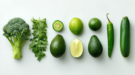 Fresh Avocado Lime Broccoli Green Pepper Cucumber and Chili Vegetablesの素材