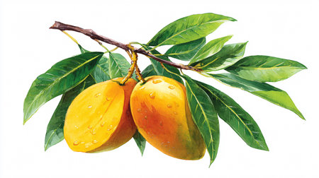 Fresh Mango Branch with Juicy Ripe Fruits Isolated on White Backgroundの素材