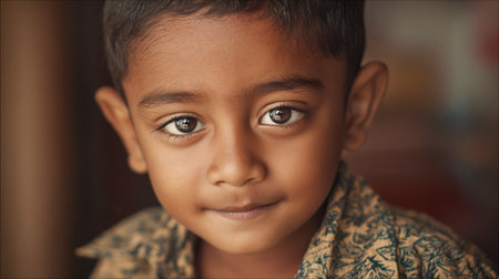 Cheerful Indian Kid Smiling Brightly, Showcases Joyful Expression and Cute Charmの素材