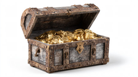 Shiny Golden Treasure Chest Overflowing With Wealth Isolated on White Backgroundの素材