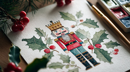 Elegant Watercolor Christmas Card with Nutcracker Illustrationの素材