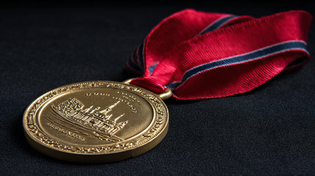 Luxurious Gold Medal with Ribbon on Black Backgroundの素材