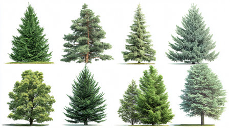 Green Spruce Trees Isolated Collection on White Backgroundの素材