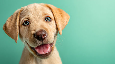 Adorable Labrador Pup Smiling on Clean Aqua Green Backgroundの素材
