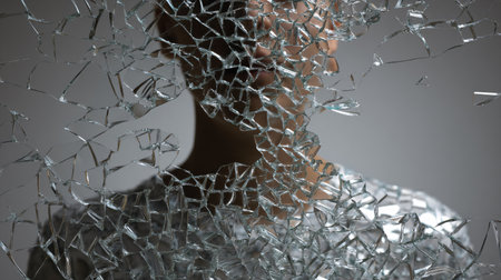 Shattered glass pieces with sharp edges on white backgroundの素材