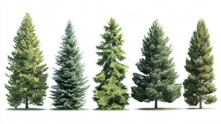 Green Spruce Trees Isolated Collection on White Backgroundの素材