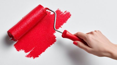 Creative Hand Drawing with Red Paint Roller Brush, Professional Artistic Design Conceptの素材