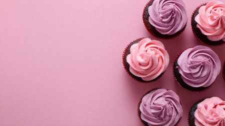 Delicious Top View Cupcakes Pink Buttercream Frosting Bakery Backgroundの素材