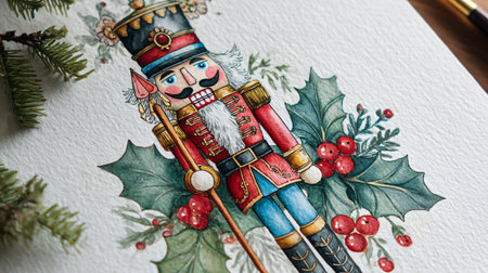 Elegant Watercolor Christmas Card with Nutcracker Illustrationの素材