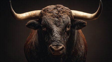 Powerful Dark Brown Bull with Muscles and Long Hornsの素材