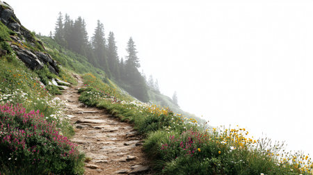 Serene Mountain Trail in Lush Greenery - Nature Hiking Adventure Landscapeの素材