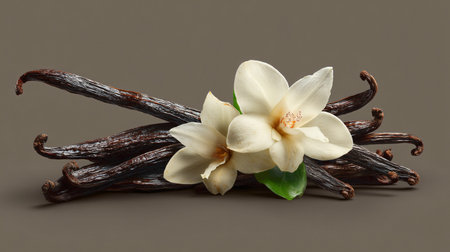 Elegant Vanilla Pods and Flowers Set for Culinary and Floral Conceptsの素材