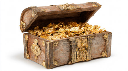Shiny Golden Treasure Chest Overflowing With Wealth Isolated on White Backgroundの素材