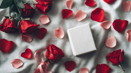 Romantic Valentine's Day Composition with Hearts and Roses Flat Layの素材