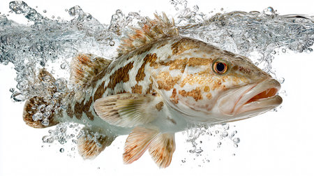 Grouper fish in water on a white background. Isolationの素材