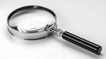 Black and Silver Magnifying Glass on White Surface for Professional Use in SEO, Keywords, and Analysisの素材