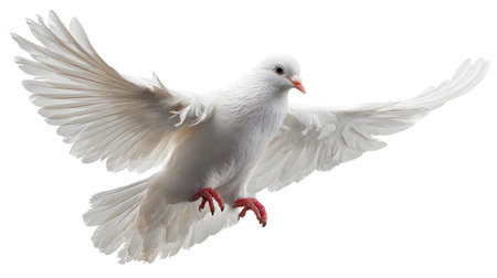 Elegant White Dove Soaring in Flight on White Backgroundの素材