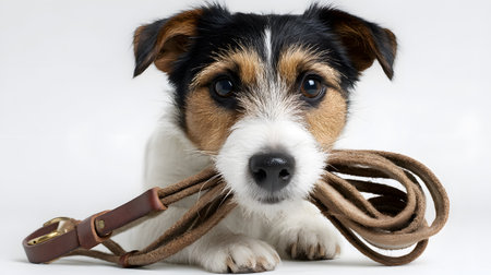 Cute Dog with Leash in Mouth on White Backgroundの素材