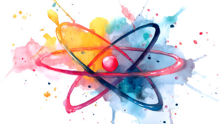 Vibrant Atom Watercolor Illustration for Science Lovers and Education Designsの素材