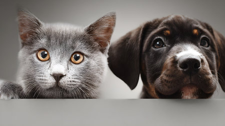 Curious Cat and Dog Hanging or Peeking Over Web - Playful and Adorable Pet Behaviorの素材