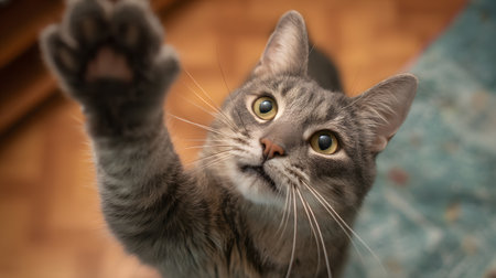 Playful Cat Giving High Five, Pet Friendship Concept, Cute Animal Gestureの素材