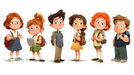 Happy Cartoon Children Going to School Set Illustrationsの素材