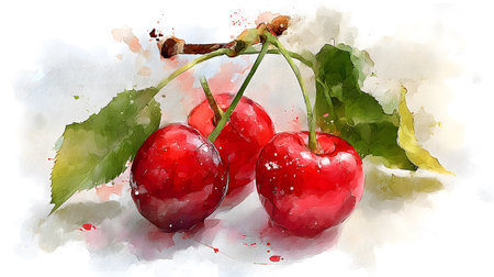 Vibrant Cherry Fruit Watercolor Drawing, Elegant Artistic Illustration for Creative Projectsの素材