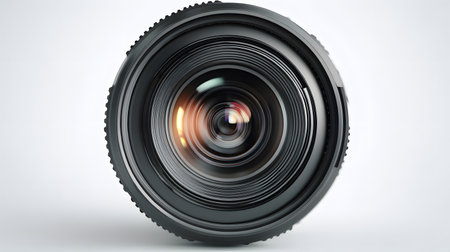 Close-Up Camera Lens on White Background for Professional Photographyの素材