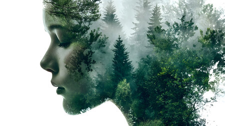 Creative Double Exposure Portrait of Woman Blended with Natureの素材