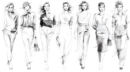 Elegant Fashion Models Sketch White Vector Illustrationの素材
