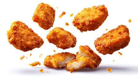 Crispy fried chicken nuggets isolated on white background for food photographyの素材