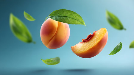 Fresh Flying Peach Fruit with Half Slice and Green Leaves on White Backgroundの素材