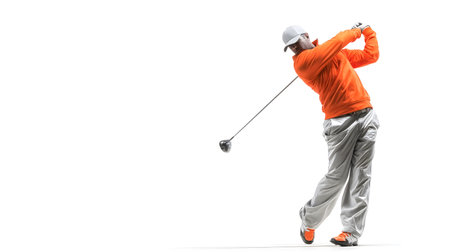 Professional Golfer Perfecting Golf Swing on White Backgroundの素材