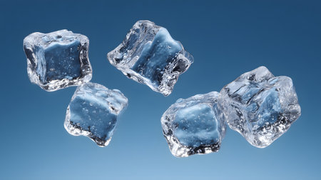 Four Flying Ice Cubes Cut Out on White Background for Creative Designsの素材