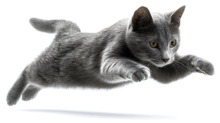 Playful Jumping Grey Cat Isolated on White Background - High-Quality Professional Stock Photoの素材