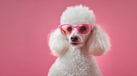 Adorable Funny White Poodle Dog in Pink Sunglassesの素材