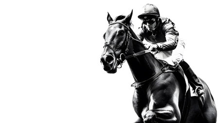 Professional Jockey Riding Running Horse Isolated White Backgroundの素材