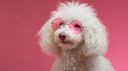 Adorable Funny White Poodle Dog in Pink Sunglassesの素材