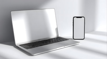 Modern Electronic Devices Mockup with Silver iPhone Lookalike on White Deskの素材