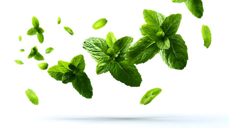 Fresh Mint Leaves Floating in Air on White Backgroundの素材