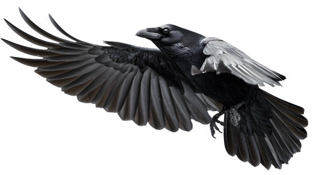Majestic Raven Flying Silhouette on White Background for Graphic Design Projectsの素材