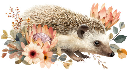Playful Safari Animal Hedgehog with Bright Flowers in Waterの素材