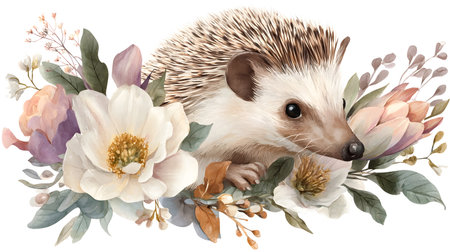 Playful Safari Animal Hedgehog with Bright Flowers in Waterの素材
