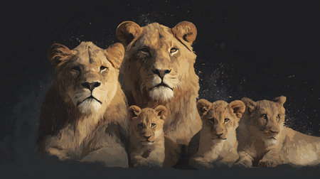 Majestic Lions Family with Cubs on Dark Backgroundの素材
