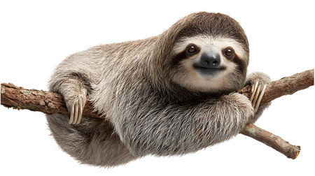 Cute Sloth Relaxing on Branch in Isolated Setting on White Backgroundの素材