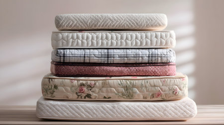 Comfortable Stacked Mattresses on White Background for Peaceful Sleep Environmentの素材