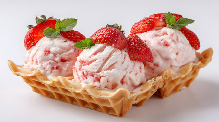 Delicious Strawberry Ice Cream in Crispy Waffle Basket - Isolated Sweet Treat for Food Loversの素材