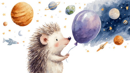 Adorable Watercolor Hedgehog Playing with Ball Illustrationの素材