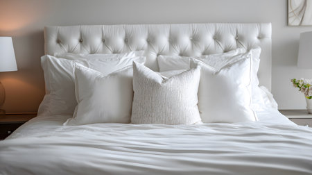 Elegant White Bed with Pillows and Bedding in Bedroomの素材